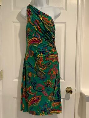 LAUREN RALPH LAUREN Multicolor One Shoulder Vibrant Wedding Guest Spring Dress 8